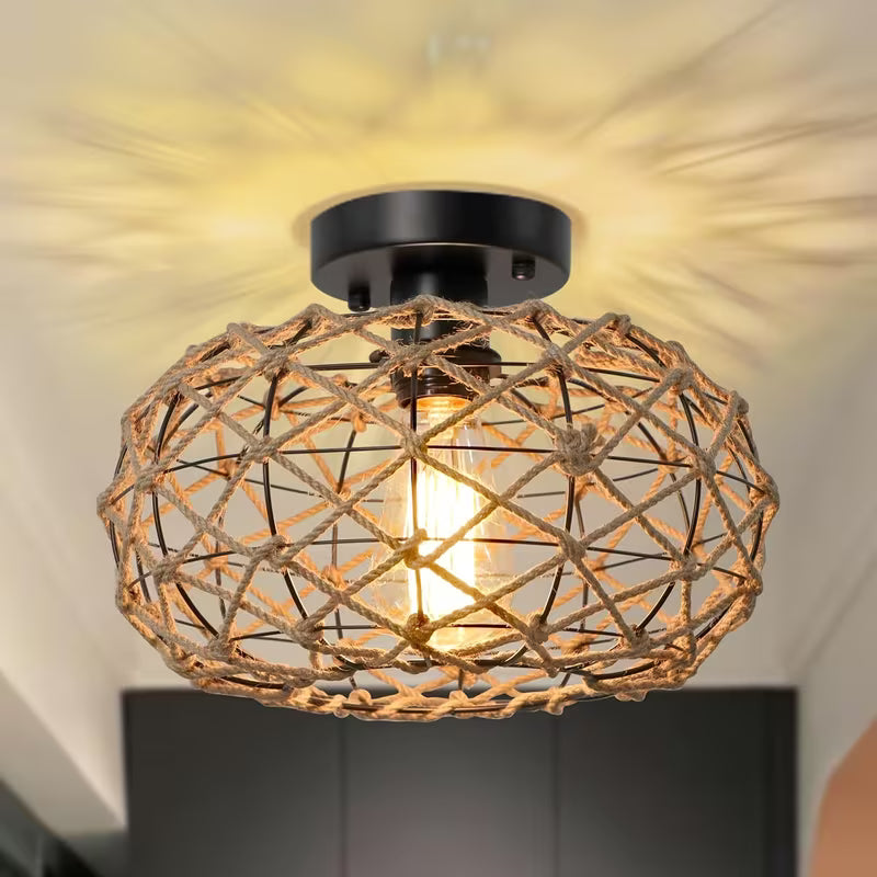 Handcrafted Bohemian Rattan Chandelier – Semi-Recessed E27 Socket, Bedroom, Living Room & Kitchen Lighting