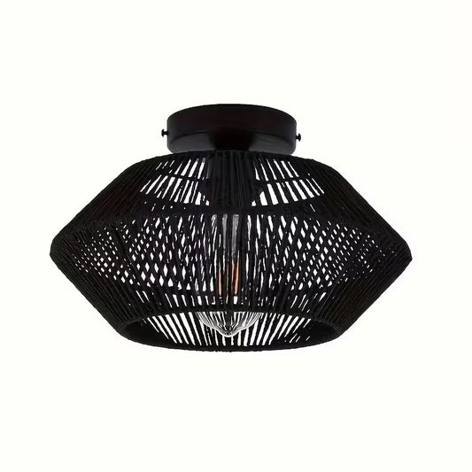 Handcrafted Bohemian Rattan Ceiling Lamp – Semi-Flush Mount, E27 Socket, Rustic & Coastal Lighting for Bedroom, Living Room, Kitchen