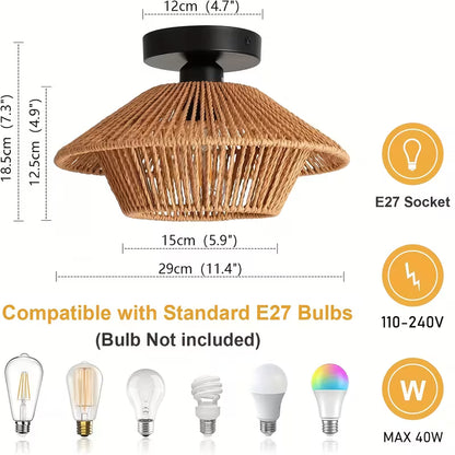 Handcrafted Bohemian Rattan Lamp – Semi-Flush, E27 Socket, Bedroom, Living Room & Kitchen Lighting
