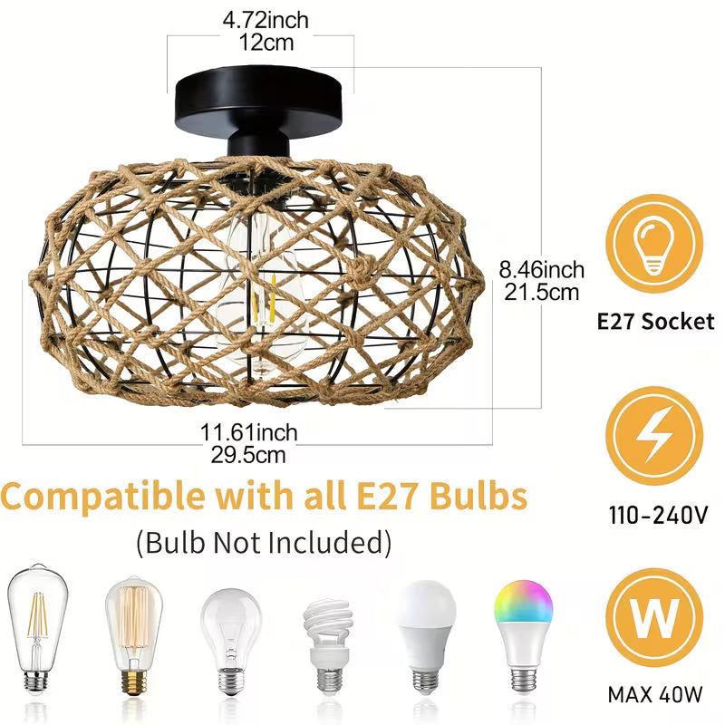 Handcrafted Bohemian Rattan Chandelier – Semi-Recessed E27 Socket, Bedroom, Living Room & Kitchen Lighting