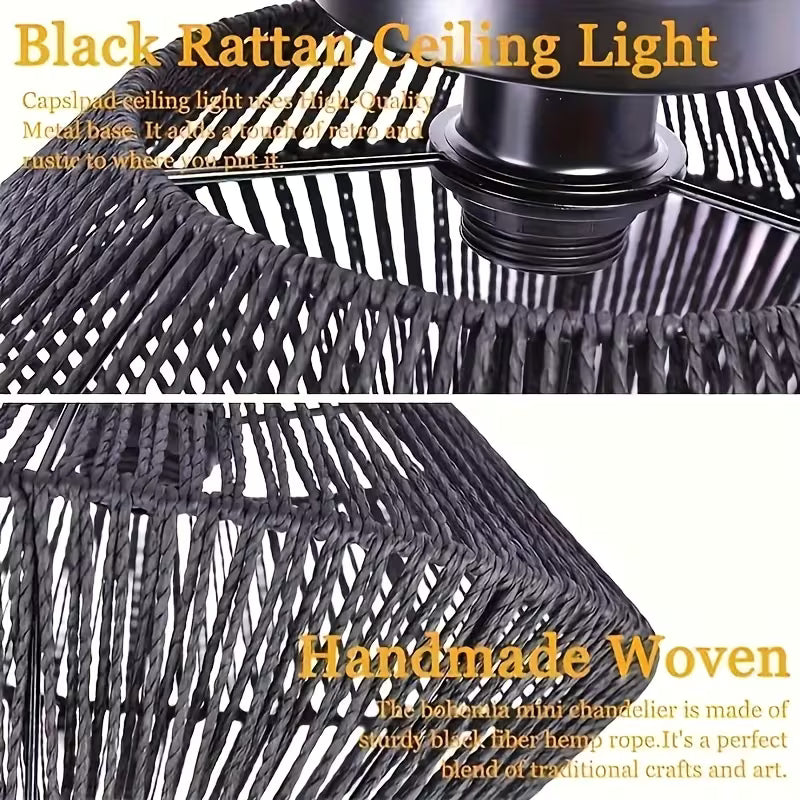 Handcrafted Bohemian Rattan Ceiling Lamp – Semi-Flush Mount, E27 Socket, Rustic & Coastal Lighting for Bedroom, Living Room, Kitchen