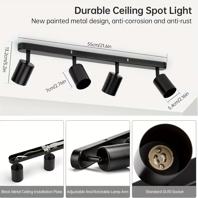 4-Bulb Rotatable GU10 LED Ceiling Light – Modern Spotlight Bar for Kitchen, Bedroom & Living Room