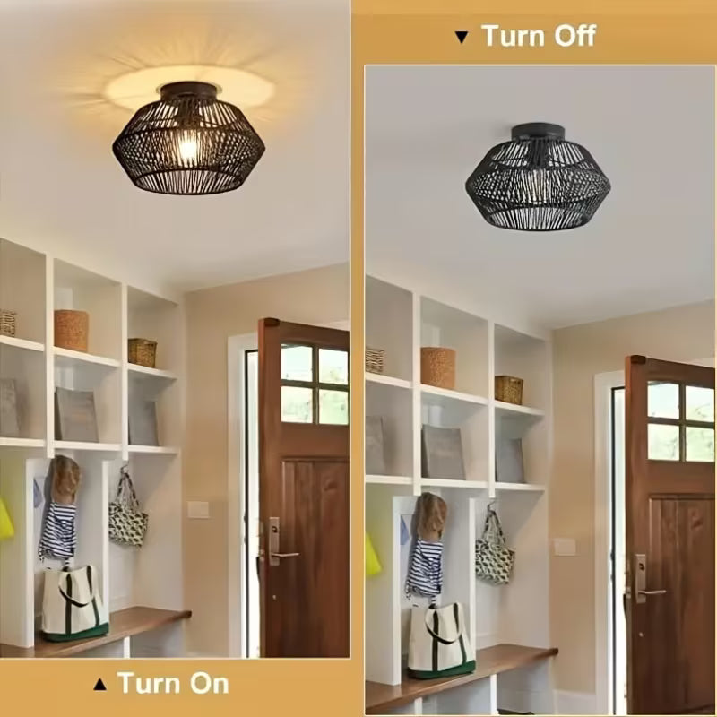 Handcrafted Bohemian Rattan Ceiling Lamp – Semi-Flush Mount, E27 Socket, Rustic & Coastal Lighting for Bedroom, Living Room, Kitchen